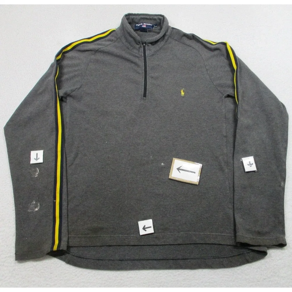 Polo Sport Ralph Lauren Pullover Mens L Gray Quarter Zip Yellow Stripe *READ*‎